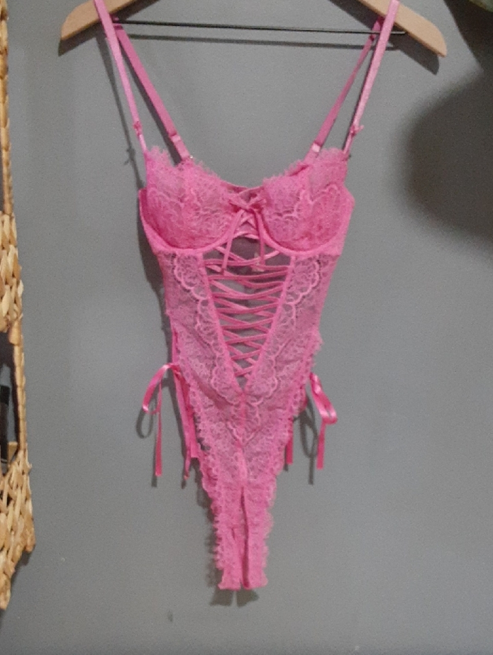 Victoria's Secret Hot Pink Lace Crisscross Teddy
